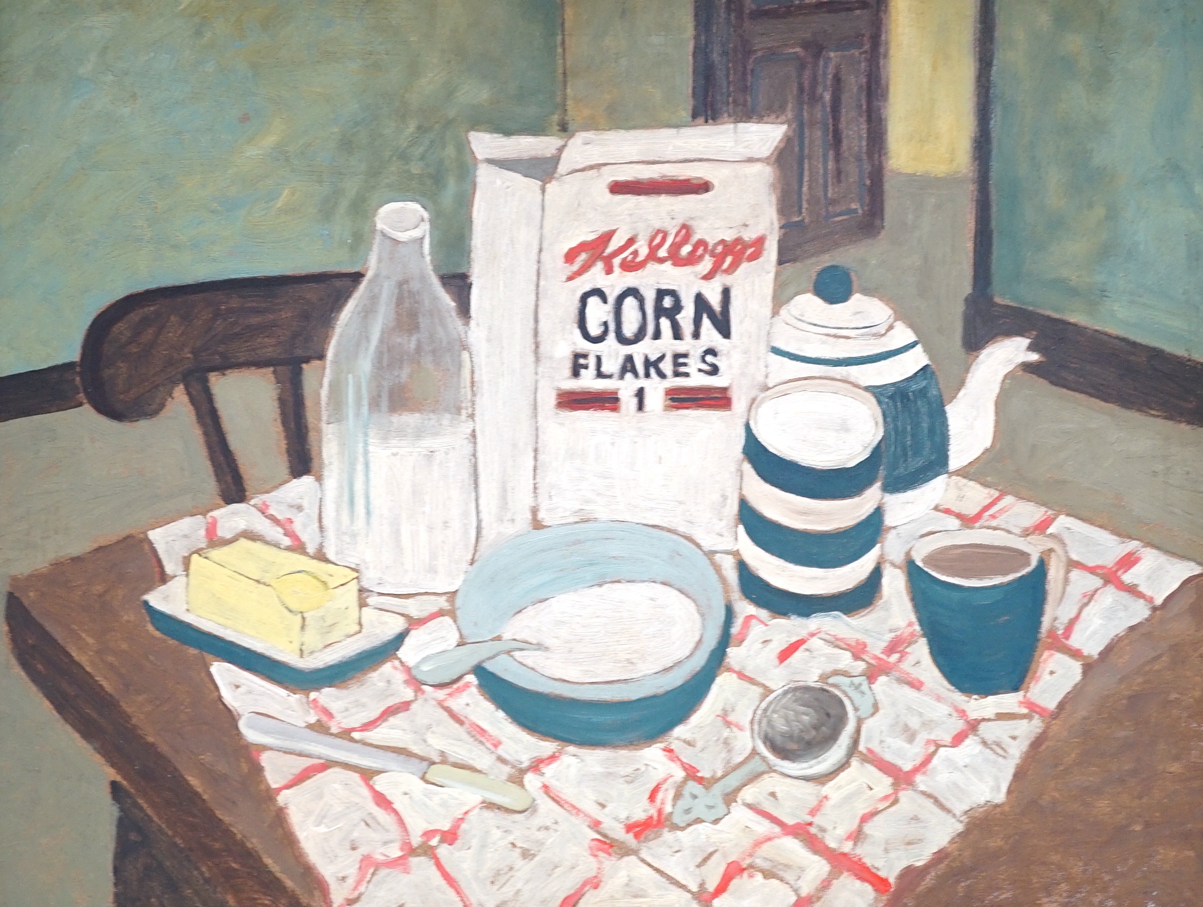 Manner of John Randall Bratby, oil on hardboard, Breakfast table still life, 49 x 63cm